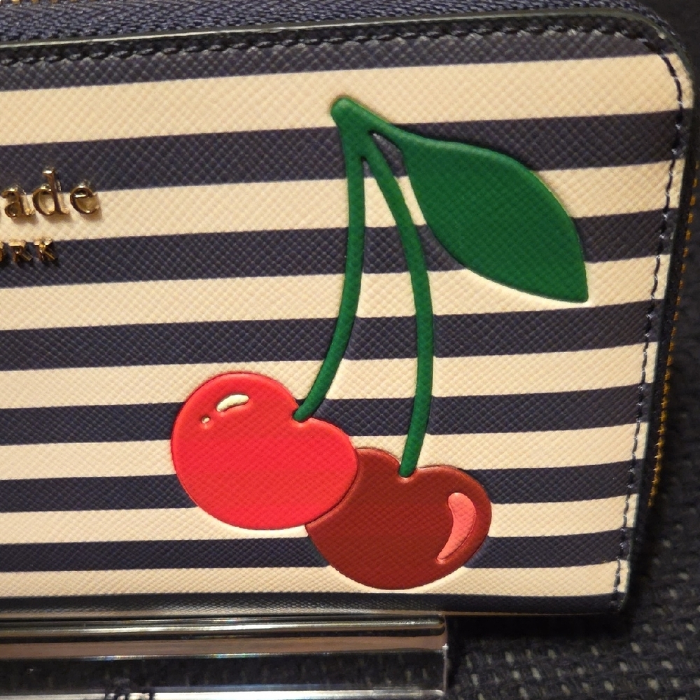 Kate Spade Navy & Cream Striped Wallet with Cherry Accent...like New! - Picture 3 of 11